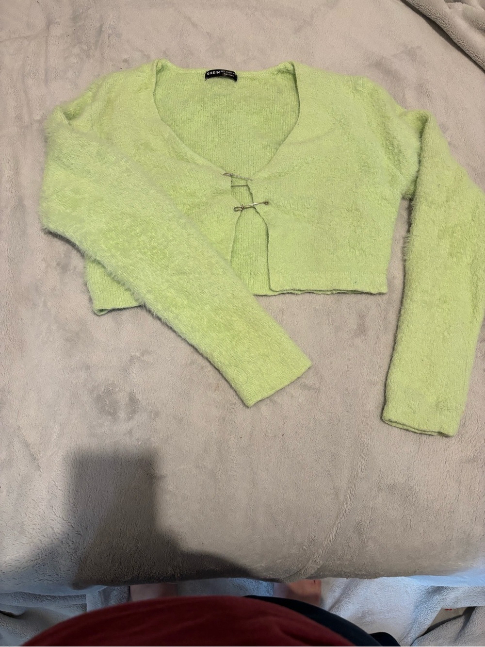 SHEIN Lime Green Cropped V-Neck Fuzzy Cardigan